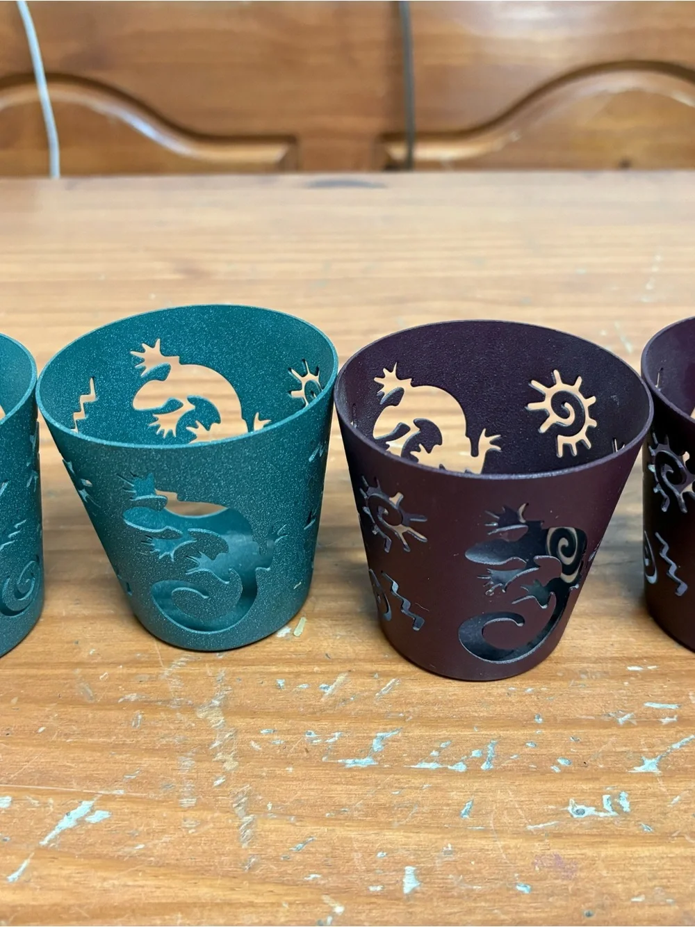 PartyLite Teal and Plum Lizard Cutout Tea Light Holders